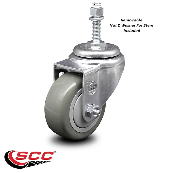 3 Inch SS Gray Polyurethane Wheel Swivel 10mm Threaded Stem Caster Set SCC
